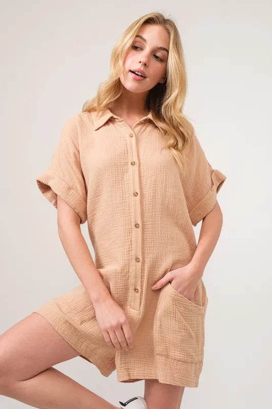 And The Why Washed Gauze Roll-up Sleeve Comfort Utility Romper - Shop Style & More | Fresh Looks, Everyday Deals & Free Shipping