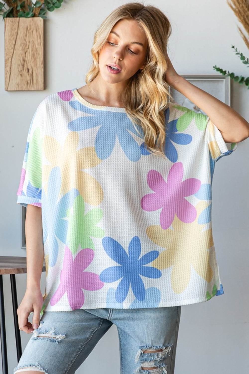 HOPELY Floral Round Neck Waffle T-Shirt - Shop Style & More | Fresh Looks, Everyday Deals & Free Shipping