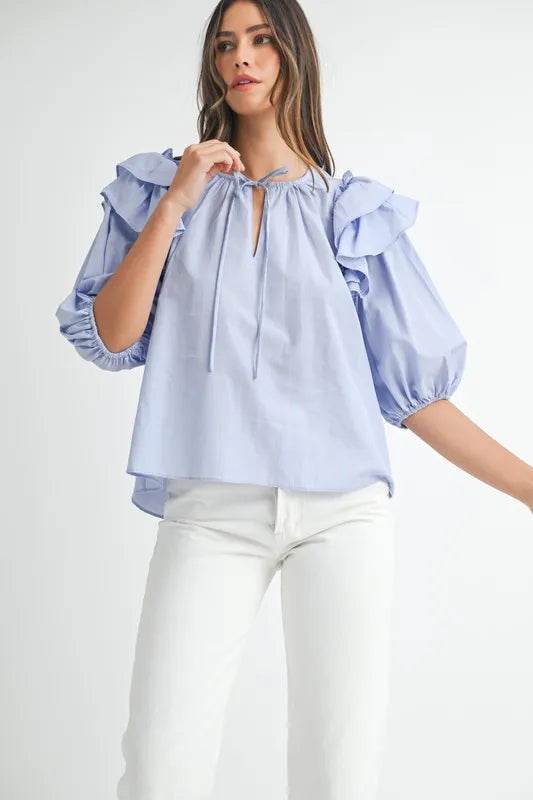 MABLE Stripe Ruffle Shoulder Puff Sleeve Blouse - Shop Style & More | Fresh Looks, Everyday Deals & Free Shipping