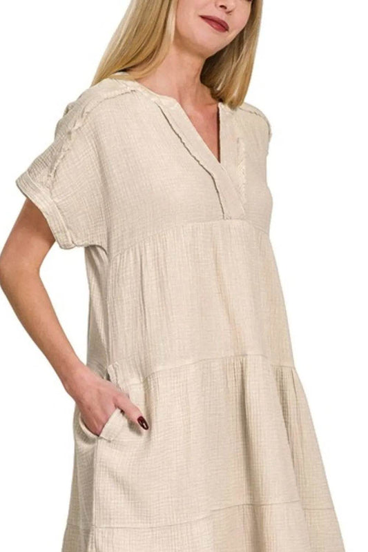 Zenana Washed Double Gauze Raw Edge V-neck Dress - Shop Style & More | Fresh Looks, Everyday Deals & Free Shipping