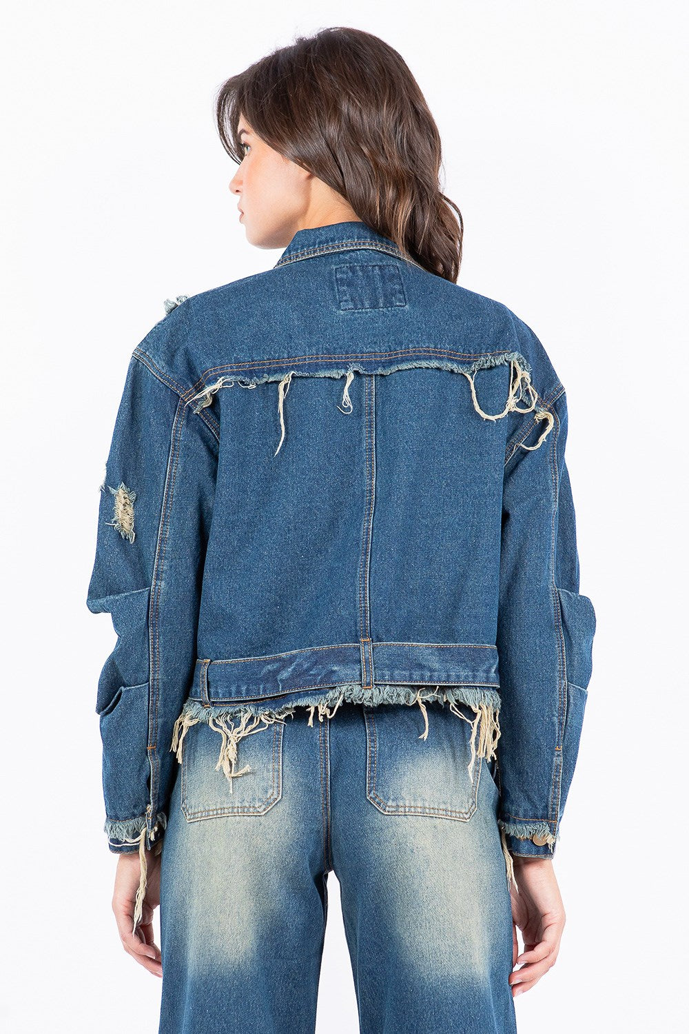 American Bazi Full Size Distressed Frayed Edge Zip Up Denim Jacket Plus Size Women's Outerwear