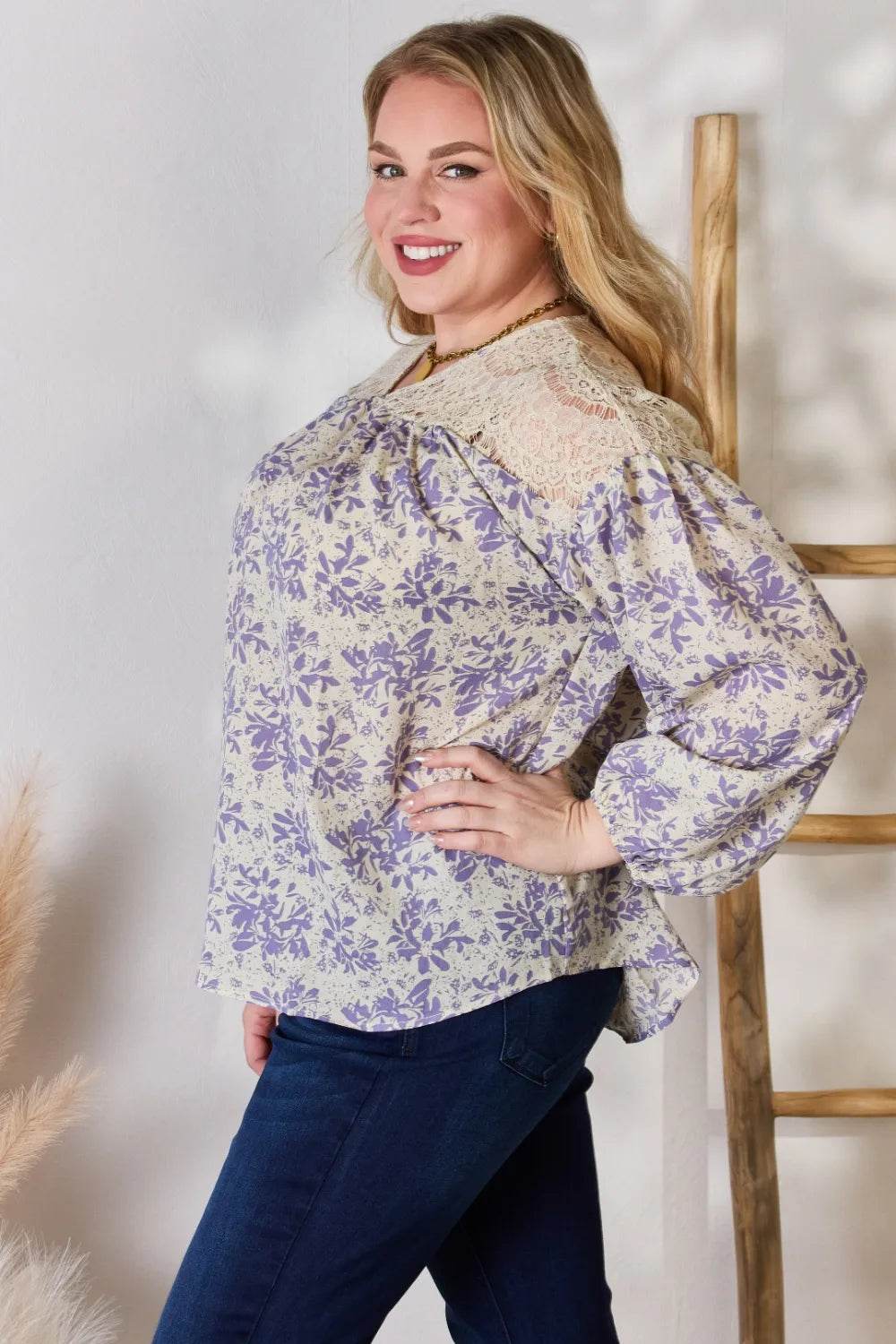 Hailey & Co Full Size Lace Detail Printed Blouse - Shop Style & More | Fresh Looks, Everyday Deals & Free Shipping