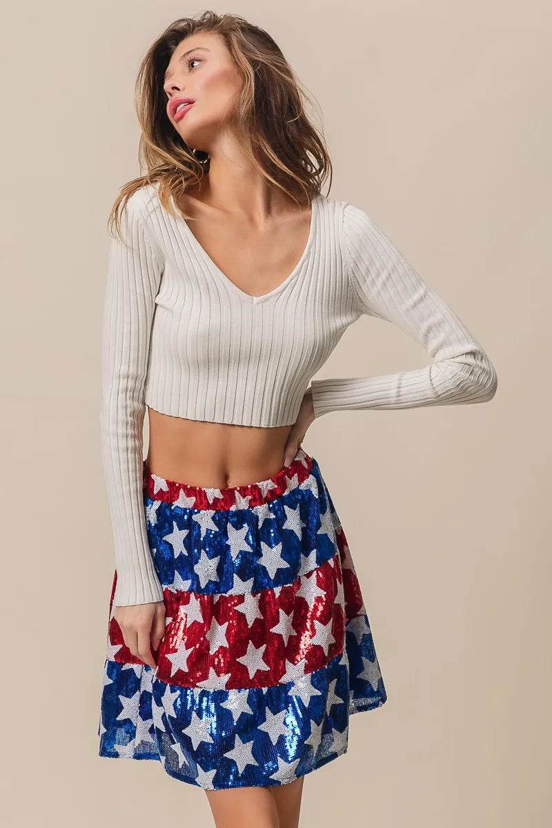 BiBi American Flag Theme Star Sequin Tiered Skirt - Shop Style & More | Fresh Looks, Everyday Deals & Free Shipping