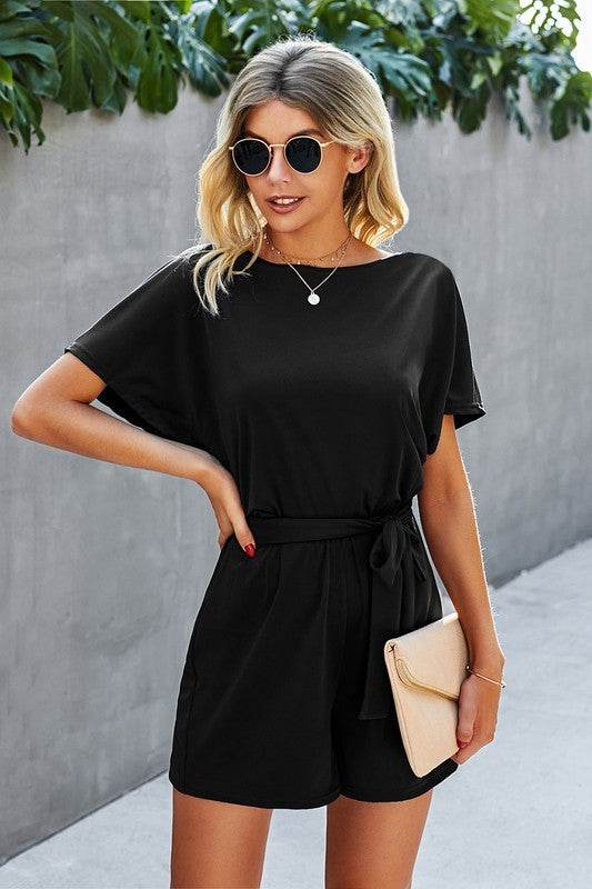 Boat Neck Short Sleeve Waist Tie Loose Romper - Shop Style & More | Fresh Looks, Everyday Deals & Free Shipping
