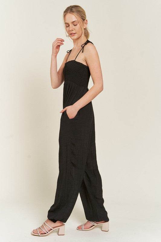 SMOCKED TIE STRAP JUMPSUIT - Shop Style & More | Fresh Looks, Everyday Deals & Free Shipping