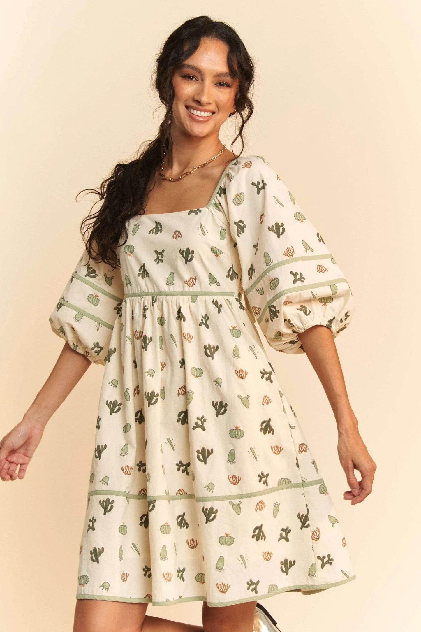 Davi & Dani Cactus Printed Poplin Contrast Piping Mini Dress - Shop Style & More | Fresh Looks, Everyday Deals & Free Shipping