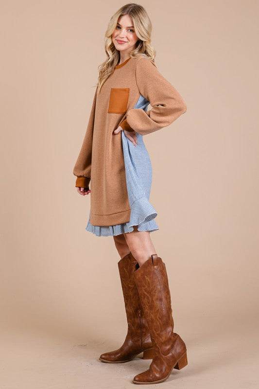 Ces Femme Striped Patchwork Round Neck Terry Sweatshirt Dress - Shop Style & More | Fresh Looks, Everyday Deals & Free Shipping