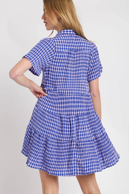 Umgee Full Size Gingham Tiered Button Detail Short Sleeve Dress Plus Size - Shop Style & More | Fresh Looks, Everyday Deals & Free Shipping