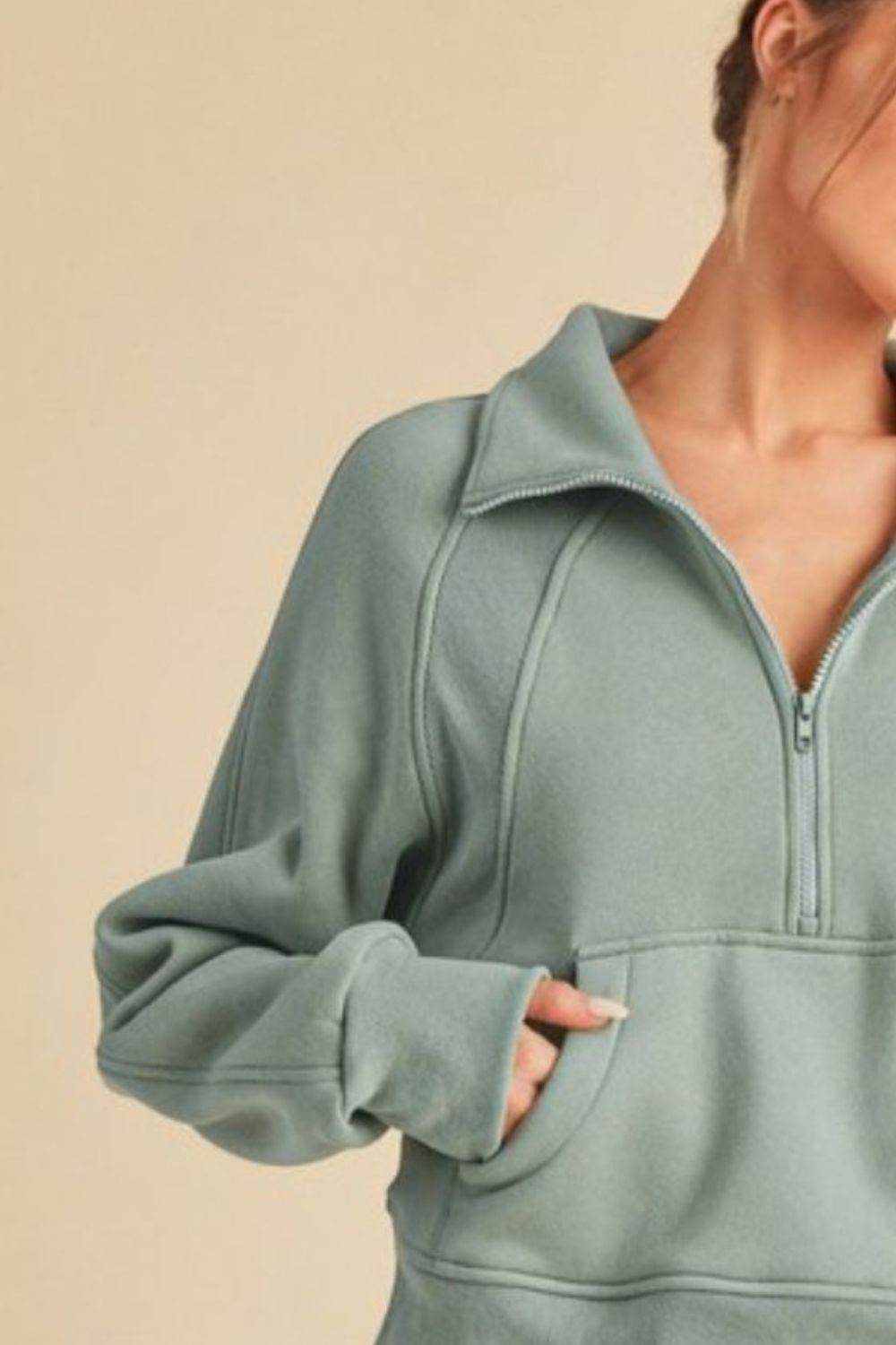 Aemi + Co Half Zip Raglan Sleeve Sweatshirt with Kangaroo Pocket - Shop Style & More | Fresh Looks, Everyday Deals & Free Shipping