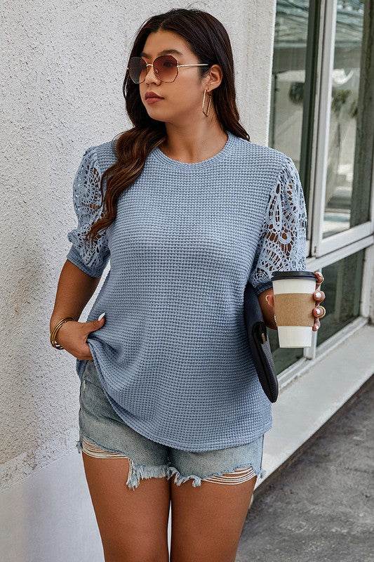 Plus Size Knit Color Block Lace Solid Fit Shirt - Shop Style & More | Fresh Looks, Everyday Deals & Free Shipping