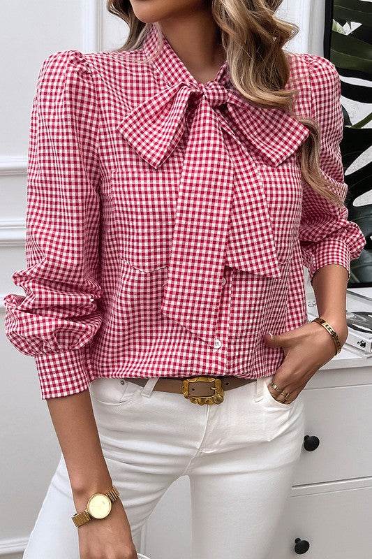Plaid Puff Sleeves Loose Button Trim Knot Blouse - Shop Style & More | Fresh Looks, Everyday Deals & Free Shipping