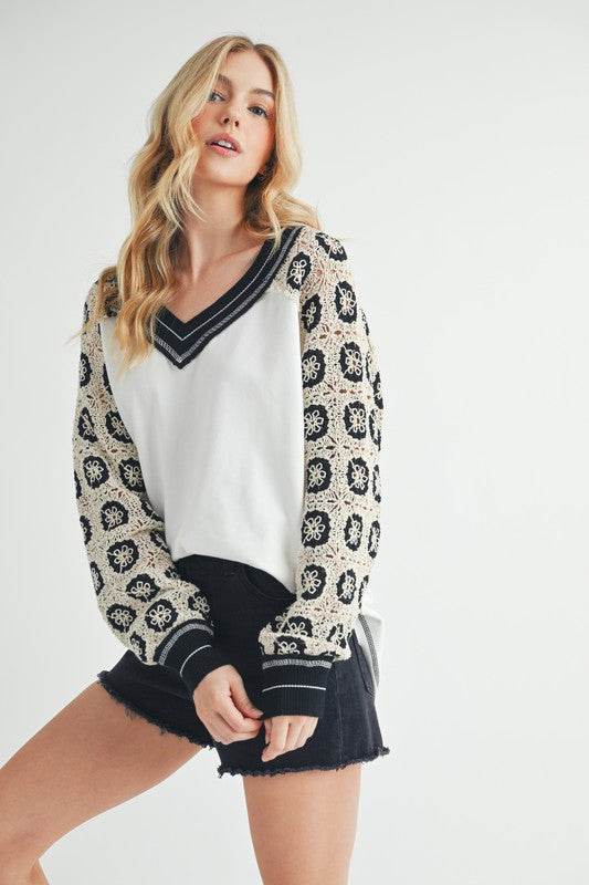 Aemi+Co Crochet Contrast Stitching V Neck Top - Shop Style & More | Fresh Looks, Everyday Deals & Free Shipping