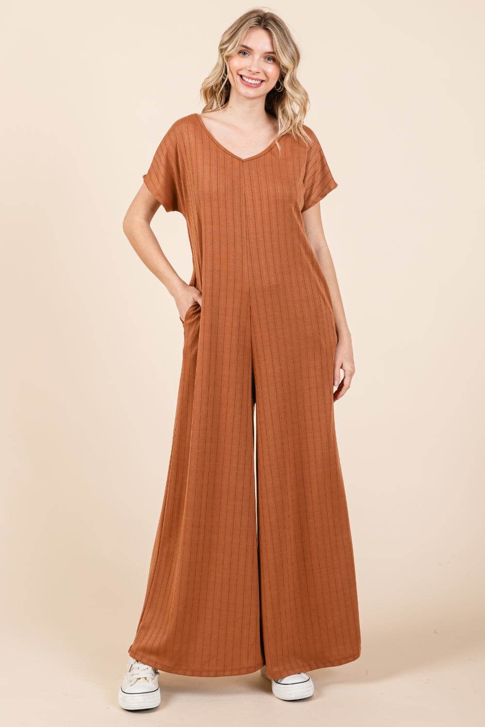 BOMBOM Ribbed Short Sleeve Wide Leg Jumpsuit - Shop Style & More | Fresh Looks, Everyday Deals & Free Shipping