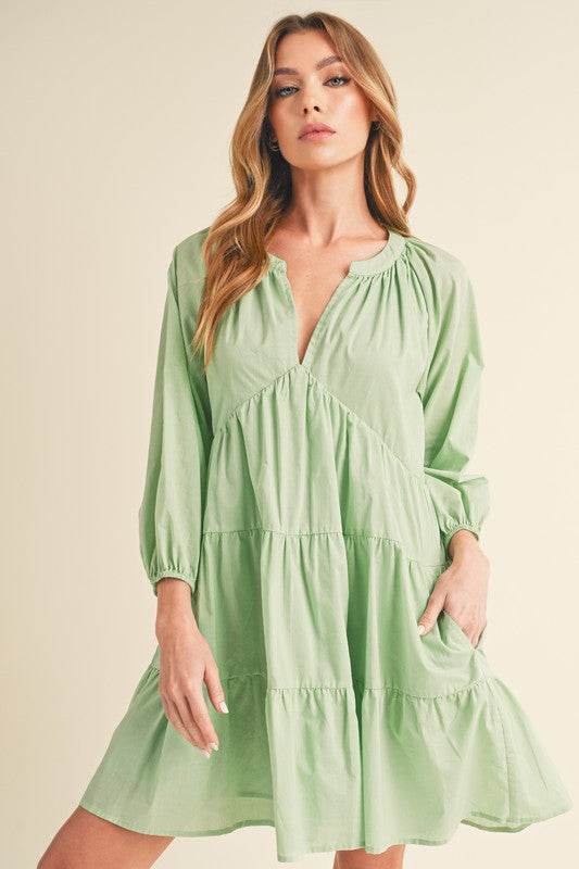Aemi + Co Notched Balloon Sleeve Tiered Mini Dress - Shop Style & More | Fresh Looks, Everyday Deals & Free Shipping