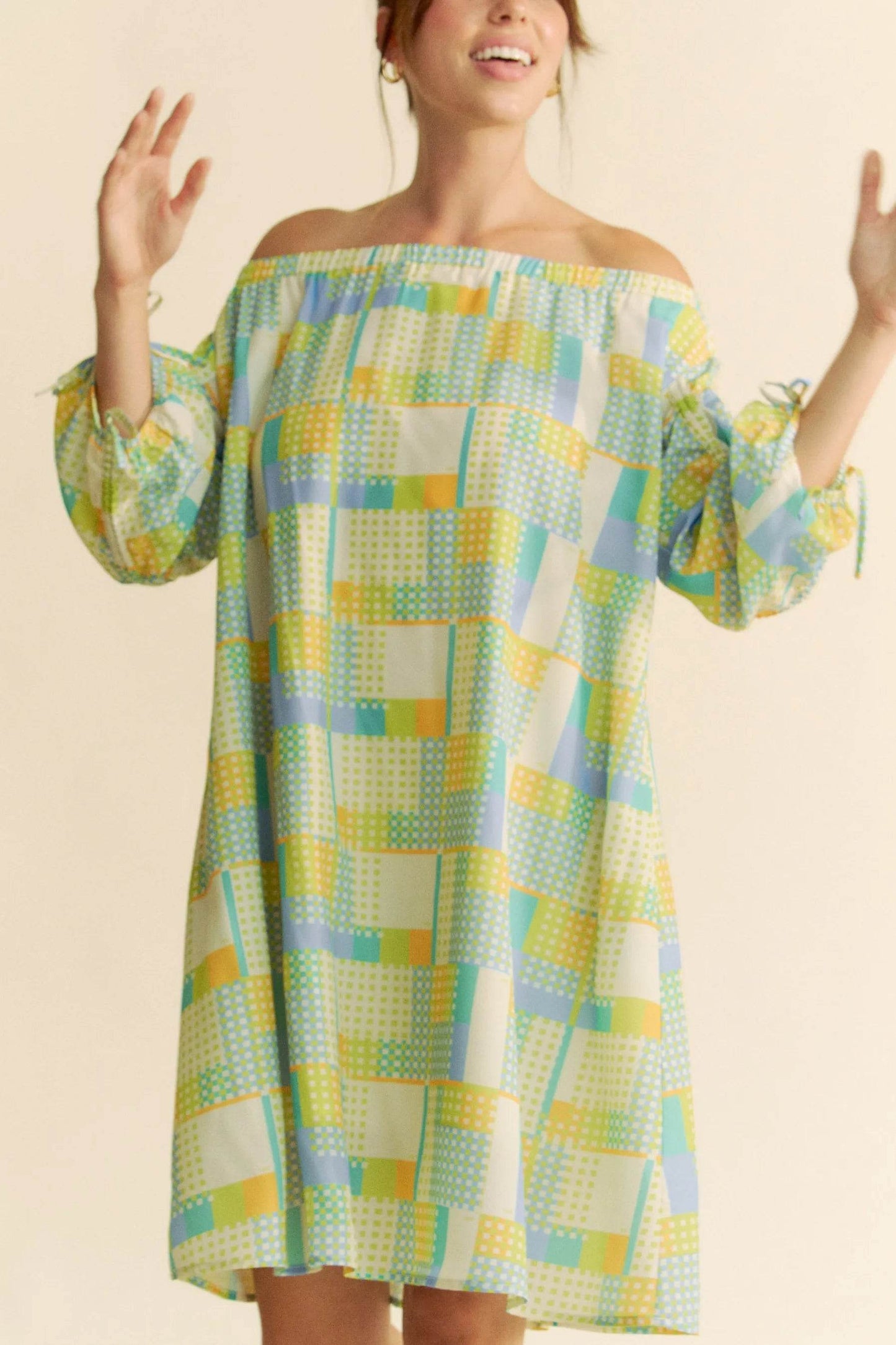 Davi & Dani Printed Off Shoulder Drawstring Sleeve Mini Dress - Shop Style & More | Fresh Looks, Everyday Deals & Free Shipping