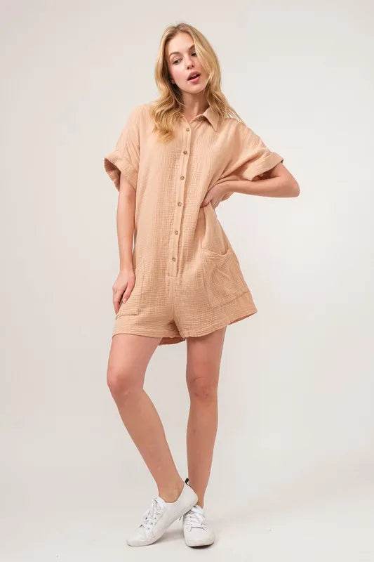 And The Why Washed Gauze Roll-up Sleeve Comfort Utility Romper - Shop Style & More | Fresh Looks, Everyday Deals & Free Shipping