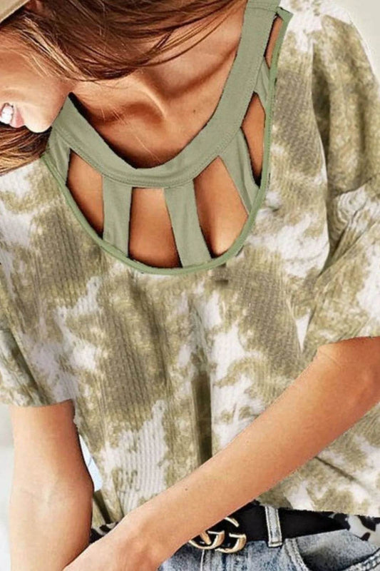 BiBi Tie Dye Print Waffle Top with Contrast Caged Neck - Shop Style & More | Fresh Looks, Everyday Deals & Free Shipping