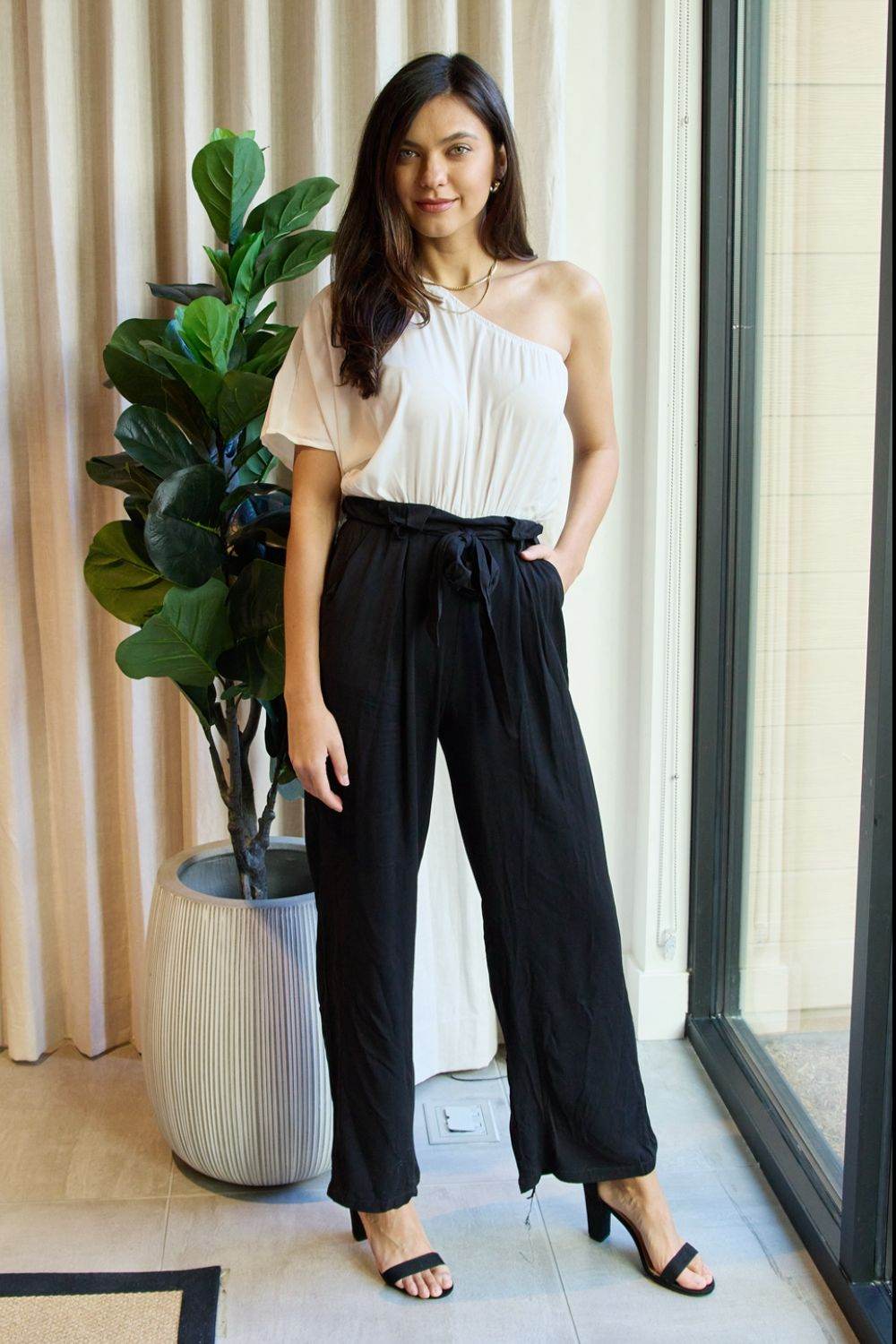 Dress Day Marvelous in Manhattan One-Shoulder Jumpsuit in White/Black - Shop Style & More | Fresh Looks, Everyday Deals & Free Shipping