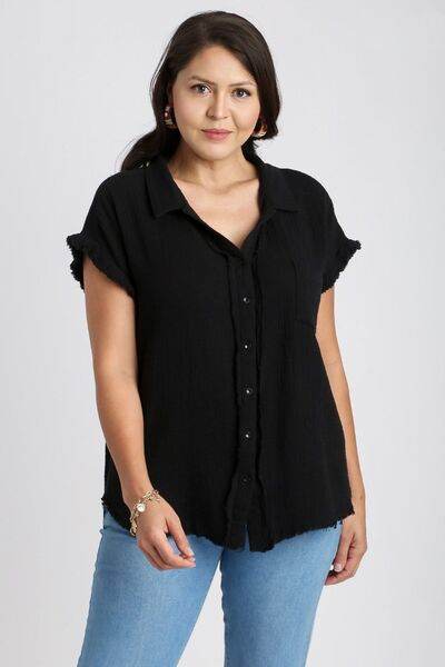 Umgee Full Size Frayed Hem Collared Neck Short Sleeve Shirt Plus Size - Shop Style & More | Fresh Looks, Everyday Deals & Free Shipping