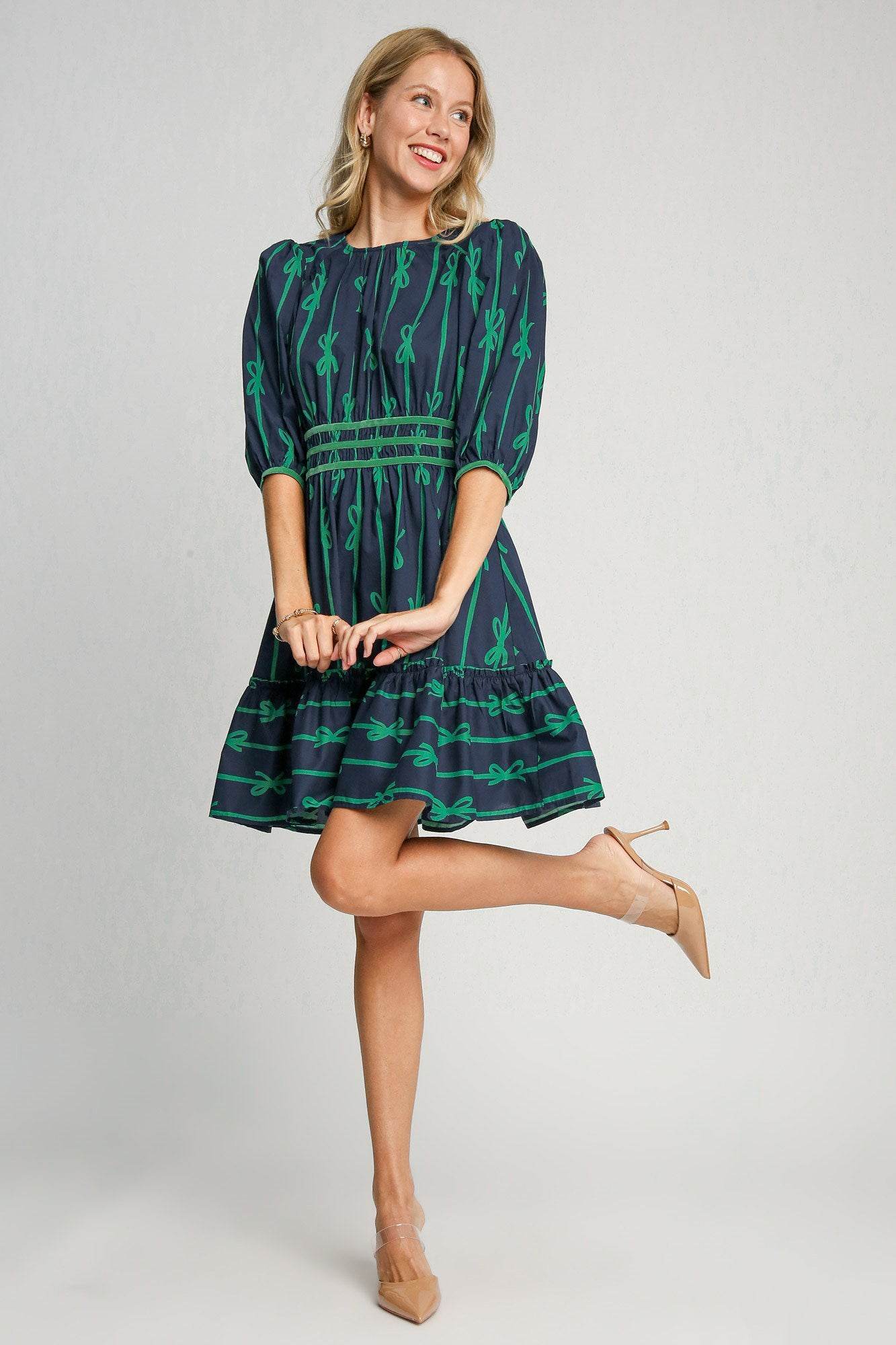 Umgee Ribbon Print Frill Contrast Velvet Trim Half Sleeve Dress - Shop Style & More | Fresh Looks, Everyday Deals & Free Shipping