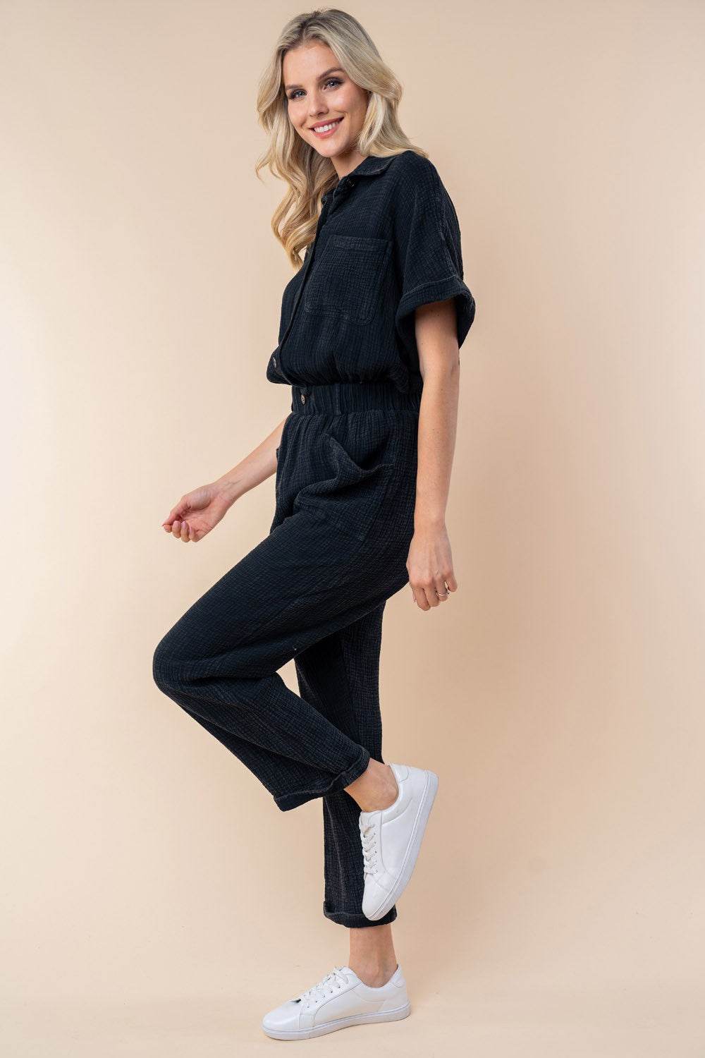 White Birch Texture Short Sleeve Jumpsuit - Shop Style & More | Fresh Looks, Everyday Deals & Free Shipping