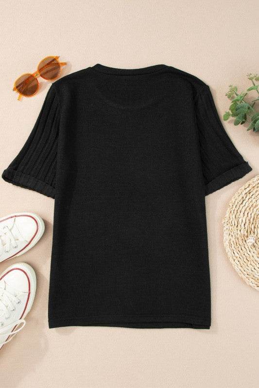 Alma Ribbed Splicing Sleeve Round Neck Top - Shop Style & More | Fresh Looks, Everyday Deals & Free Shipping
