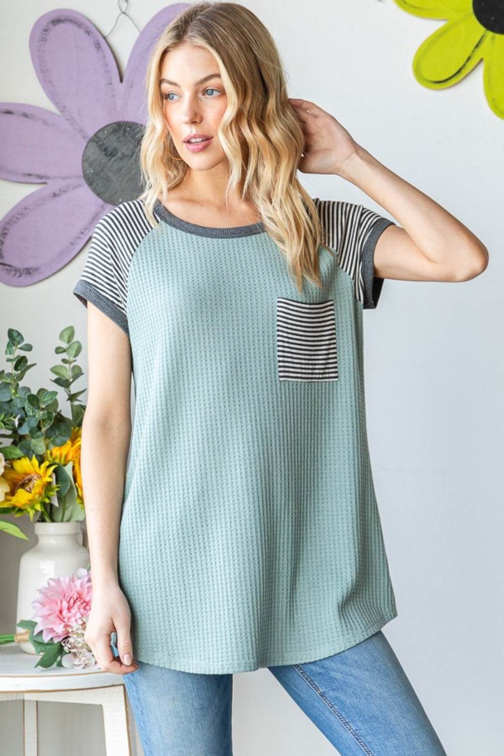 Heimish Full Size Striped Short Sleeve Waffle T-Shirt - Shop Style & More | Fresh Looks, Everyday Deals & Free Shipping