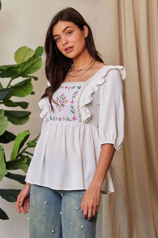 Davi & Dani Texture Tie Back Floral Embroidery Frill Blouse - Shop Style & More | Fresh Looks, Everyday Deals & Free Shipping