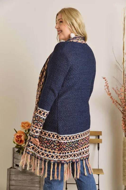 ADORA Full Size Fringe Hem Aztec Border Cardigan Plus Size - Shop Style & More | Fresh Looks, Everyday Deals & Free Shipping