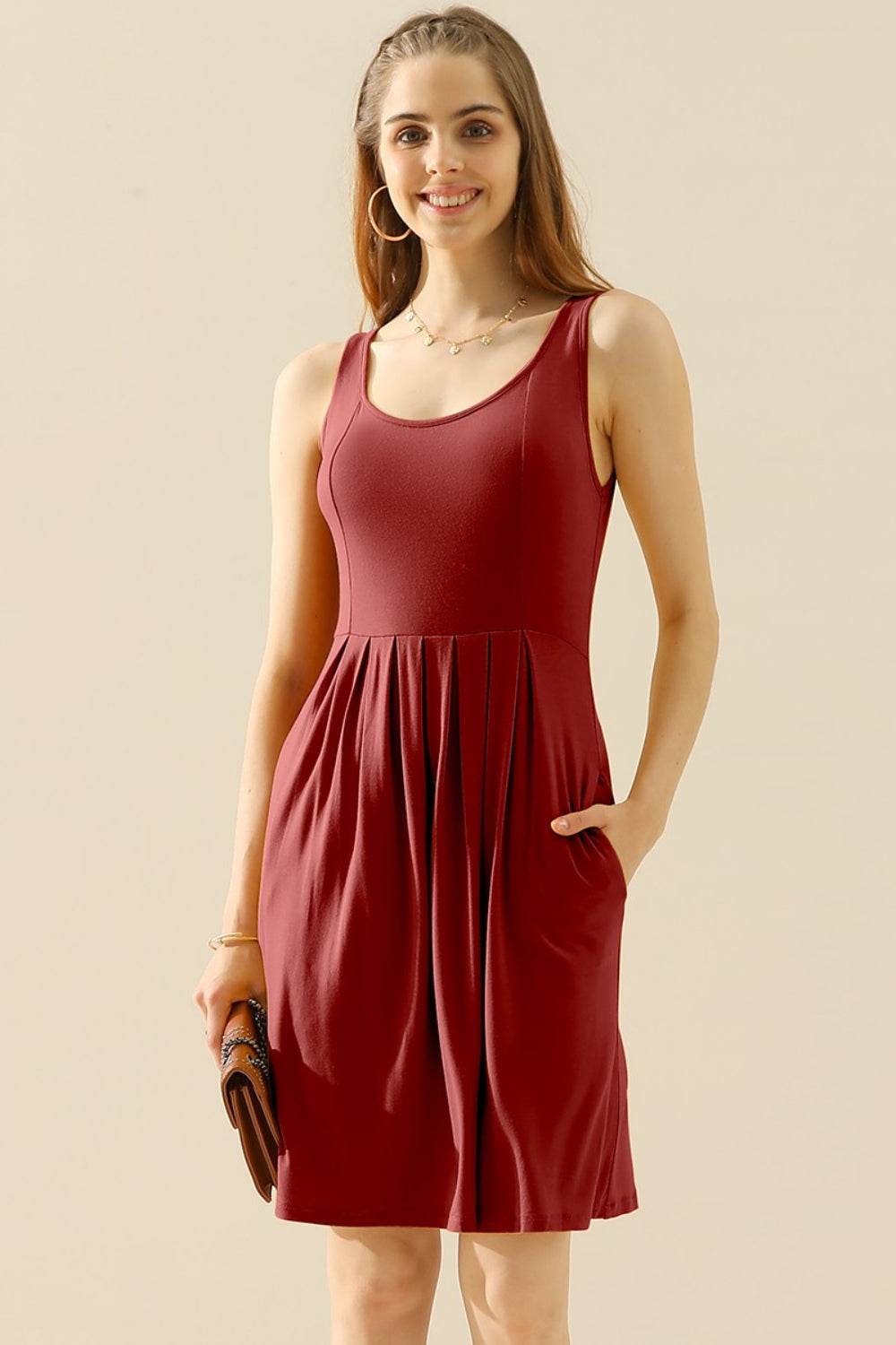 Doublju Full Size Round Neck Ruched Sleeveless Dress with Pockets - Shop Style & More | Fresh Looks, Everyday Deals & Free Shipping