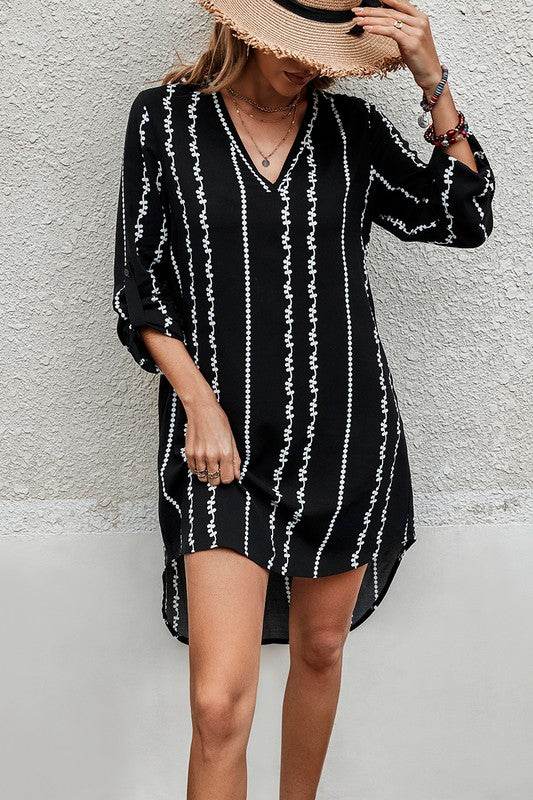 Striped Print Roll Tab Sleeve Tunic Loose Dress - Shop Style & More | Fresh Looks, Everyday Deals & Free Shipping