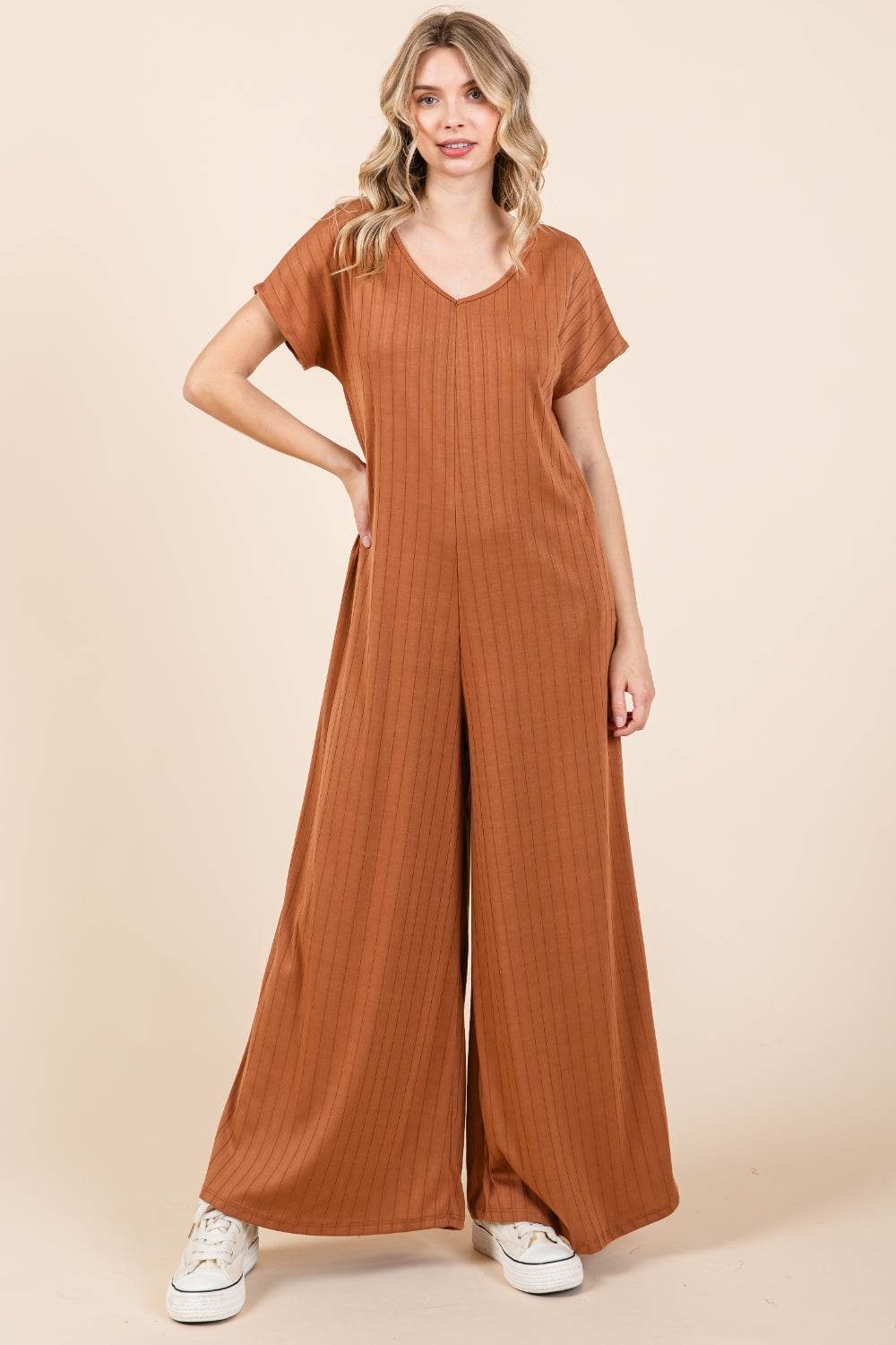 BOMBOM Ribbed Short Sleeve Wide Leg Jumpsuit - Shop Style & More | Fresh Looks, Everyday Deals & Free Shipping