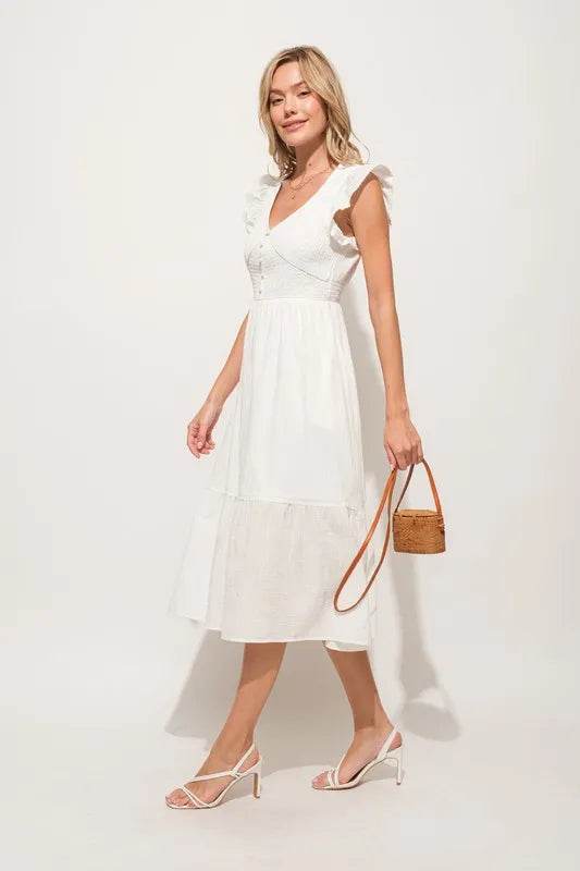 And The Why Ruffle Sleeve Front Smocked Tiered Midi Dress - Shop Style & More | Fresh Looks, Everyday Deals & Free Shipping