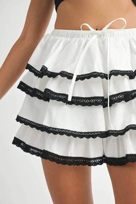 MABLE Poplin Ruffle Layered Contract Lace Trim Mini Skirt - Shop Style & More | Fresh Looks, Everyday Deals & Free Shipping