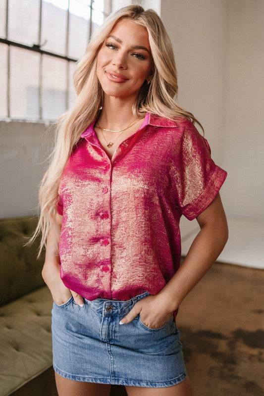 Amoura Metallic Sheen Buttoned Top - Shop Style & More | Fresh Looks, Everyday Deals & Free Shipping