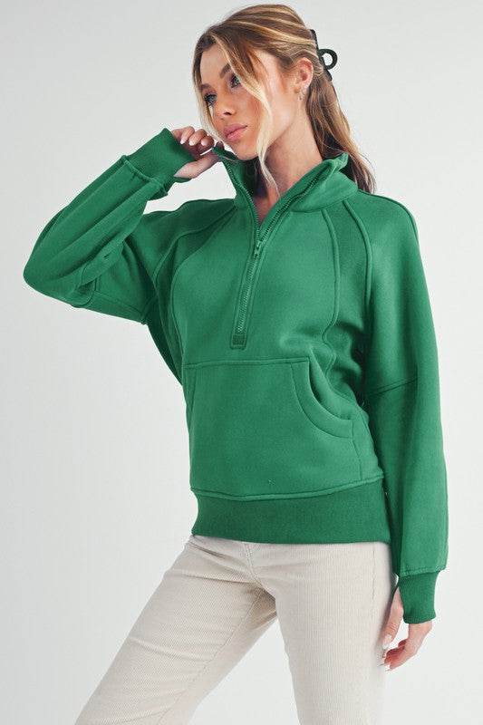 Aemi + Co Half Zip Raglan Sleeve Sweatshirt with Kangaroo Pocket - Shop Style & More | Fresh Looks, Everyday Deals & Free Shipping