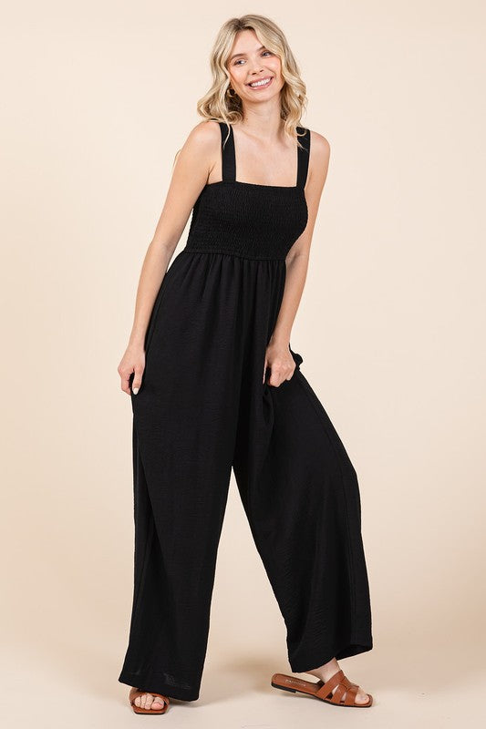 Mittoshop Smocked Wide Strap Wide Leg Overalls Jumpsuits