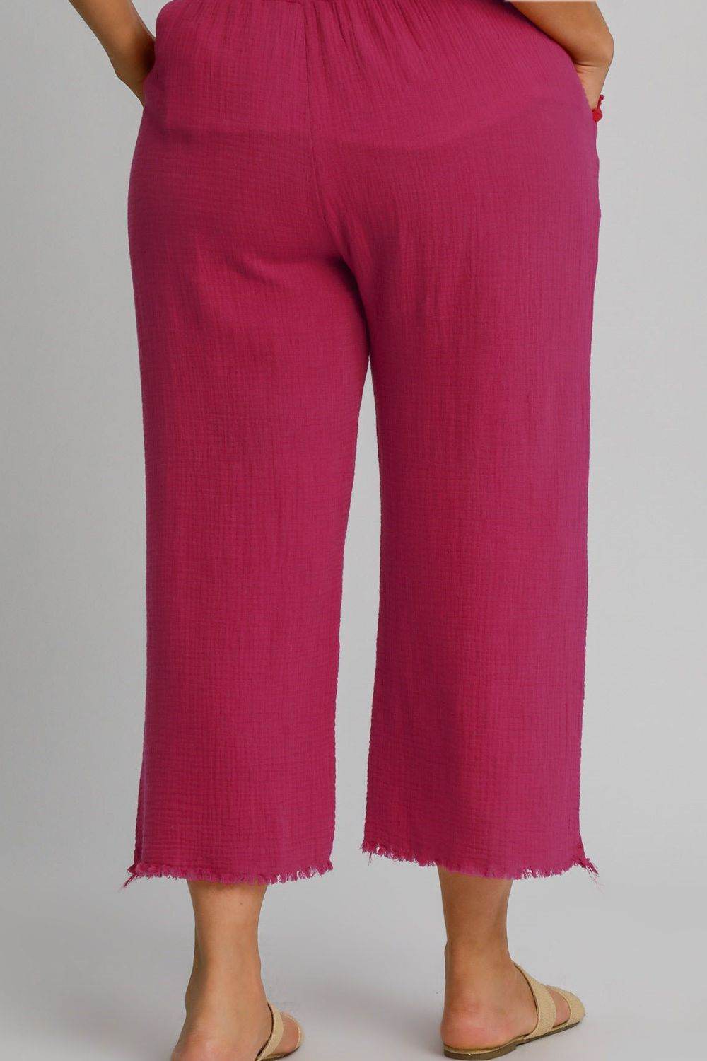 Umgee Full Size Raw Hem Elastic Waist Wide Leg Pants Plus Size - Shop Style & More | Fresh Looks, Everyday Deals & Free Shipping