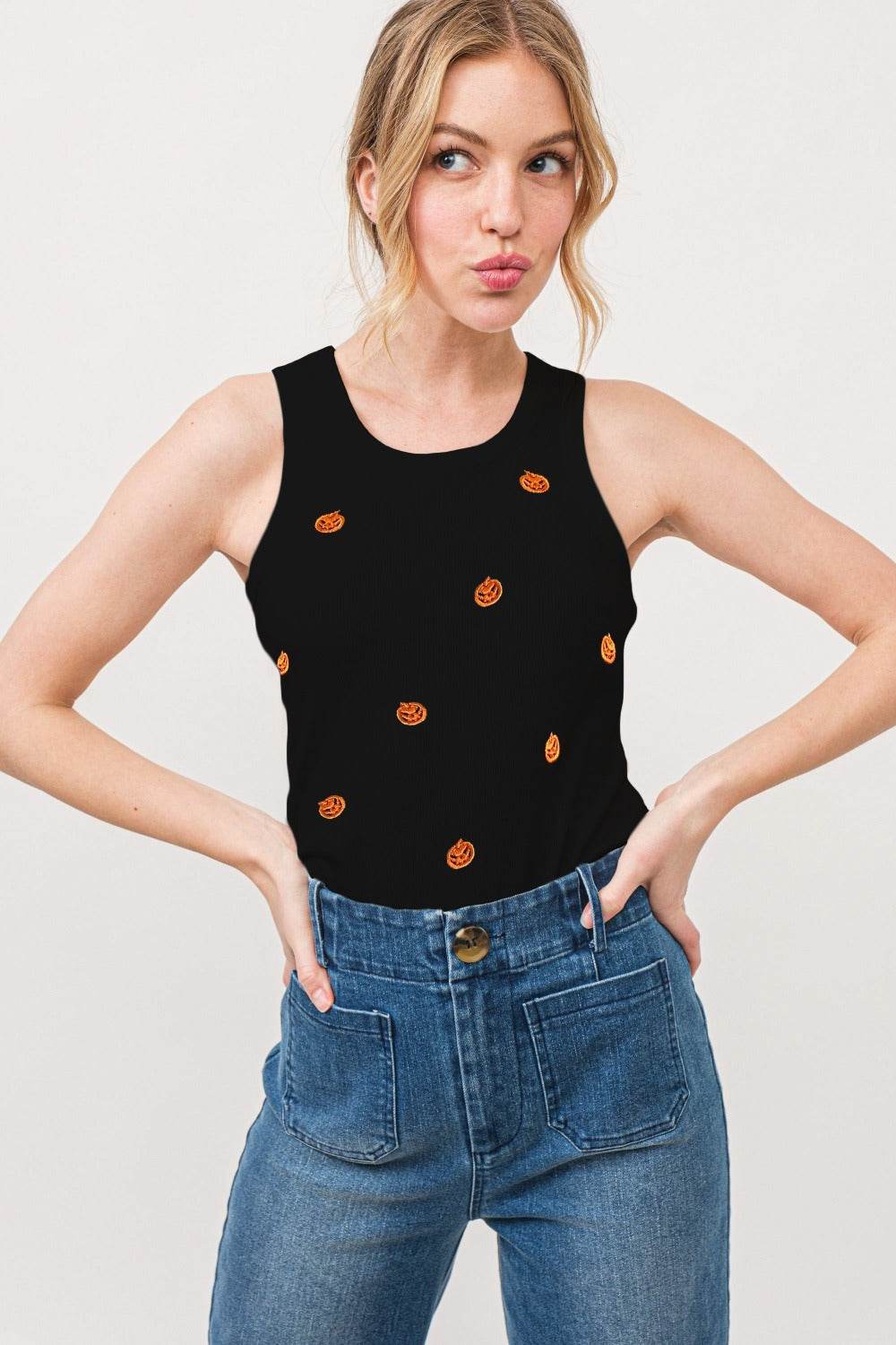 And The Why Jack O' Lantern Embroidered Ribbed Tank - Shop Style & More | Fresh Looks, Everyday Deals & Free Shipping