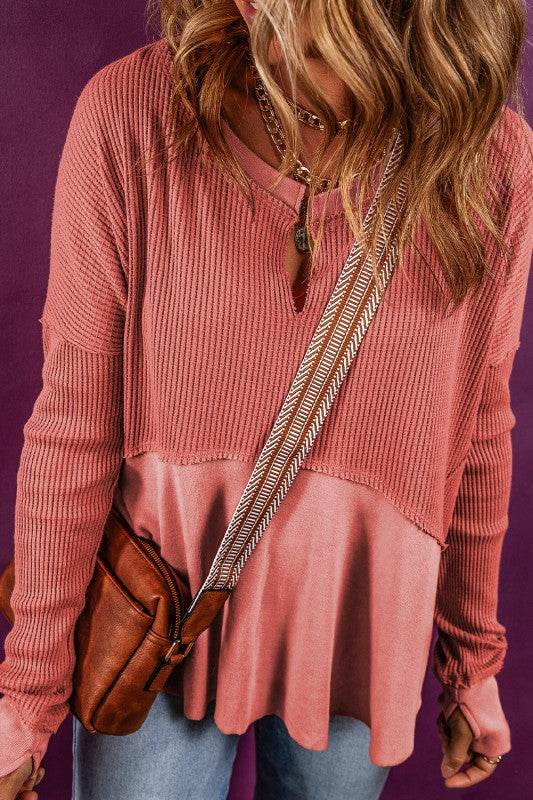 Giselle Exposed Seam Slit Neck Waffle Knit Patchwo - Shop Style & More | Fresh Looks, Everyday Deals & Free Shipping