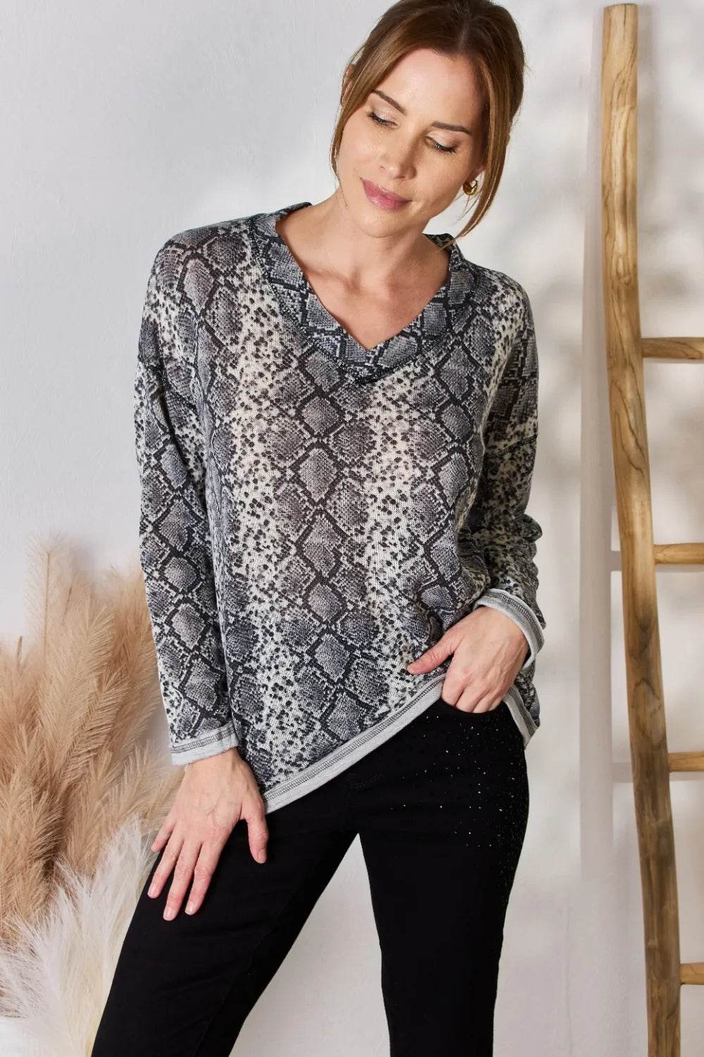 Hailey & Co Full Size Snakeskin V-Neck Long Sleeve Top - Shop Style & More | Fresh Looks, Everyday Deals & Free Shipping