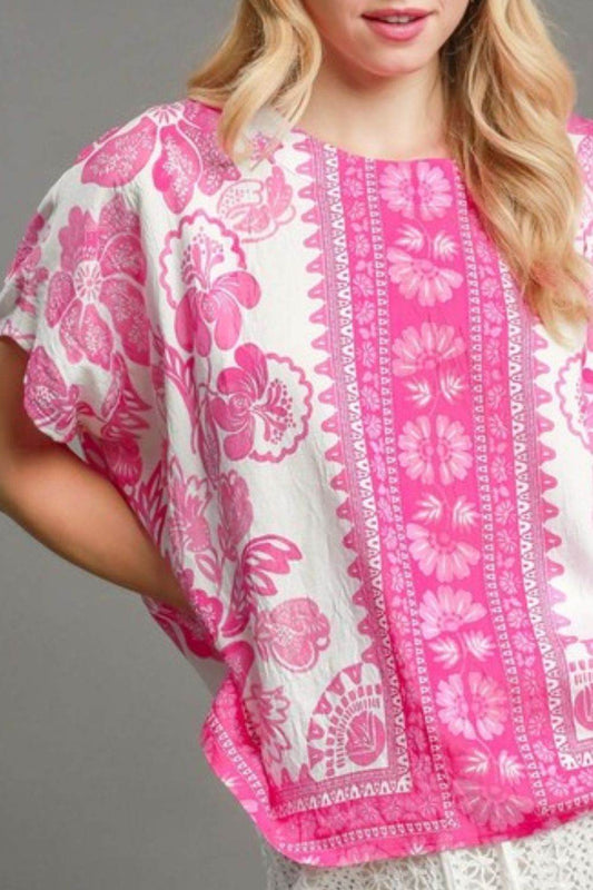 Umgee Full Size Floral Border Print Oversized Top Plus Size - Shop Style & More | Fresh Looks, Everyday Deals & Free Shipping
