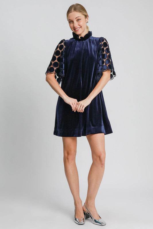 Umgee Dotted Lace Half Sleeve Mock Neck Back Tie Velvet Dress - Shop Style & More | Fresh Looks, Everyday Deals & Free Shipping