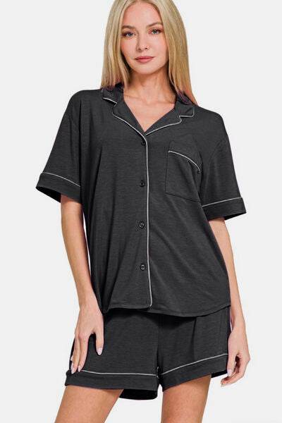 Zenana Button Down Short Sleeve Top and Shorts Lounge Set - Shop Style & More | Fresh Looks, Everyday Deals & Free Shipping