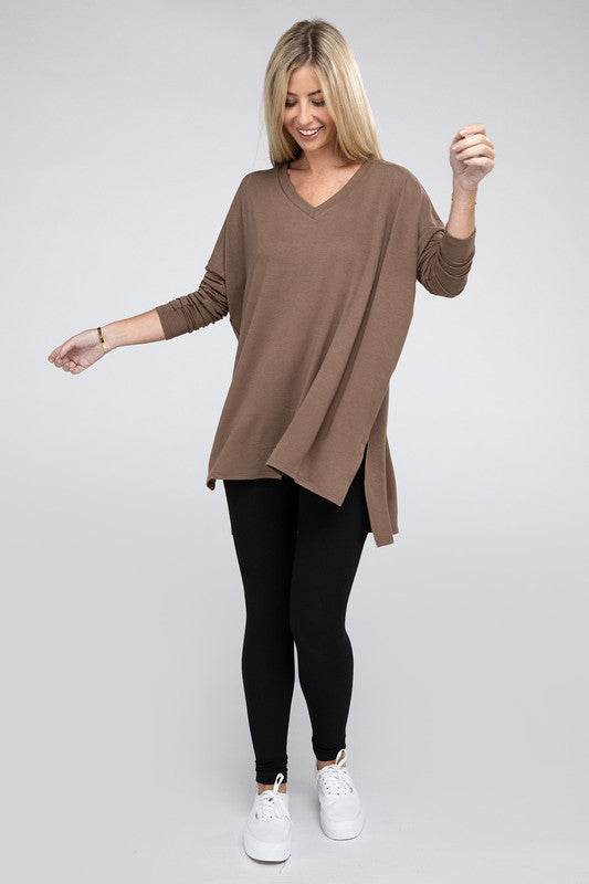 Dolman Long Sleeve V-Neck Side Slit Hi-Low Hem Top - Shop Style & More | Fresh Looks, Everyday Deals & Free Shipping