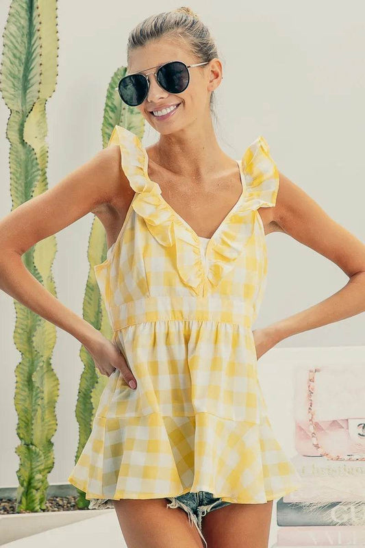 BiBi Ruffled Neckline Sleeveless Check Plaid Peplum Top - Shop Style & More | Fresh Looks, Everyday Deals & Free Shipping