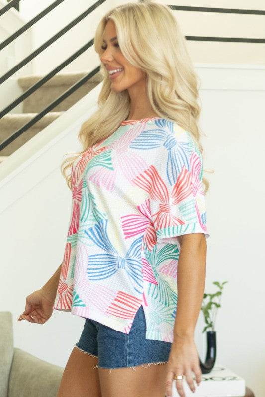 Kaeli Bowknot Waffle Crewneck Loose Short Sleeve T - Shop Style & More | Fresh Looks, Everyday Deals & Free Shipping