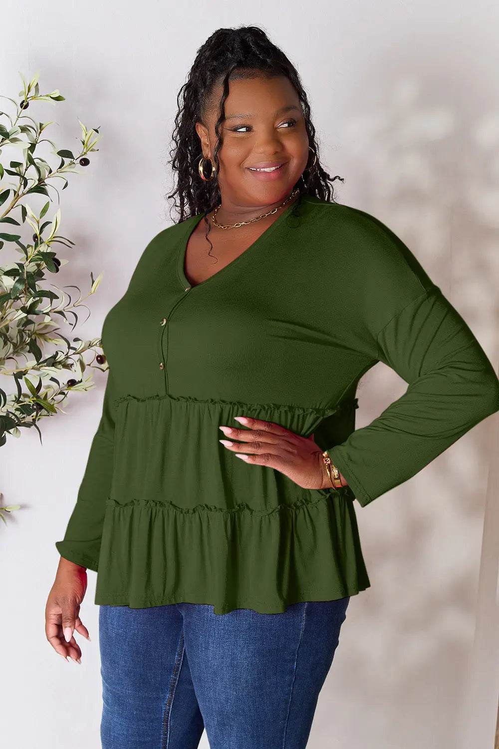 Double Take Half Button Long Sleeve Ruffle Hem Blouse - Shop Style & More | Fresh Looks, Everyday Deals & Free Shipping