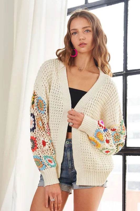 ADORA Full Size Contrast Crochet Open Front Long Sleeve Cardigan - Shop Style & More | Fresh Looks, Everyday Deals & Free Shipping