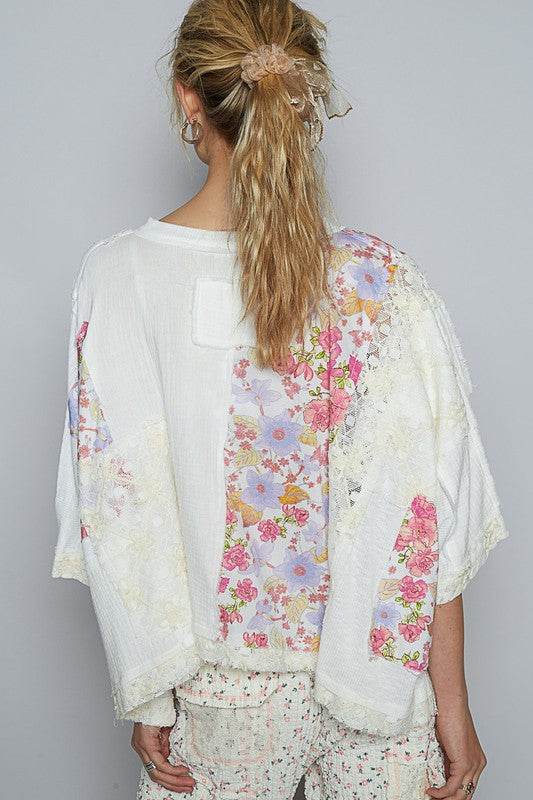 POL Floral Lace Patch Round Neck Double Gauze Top - Shop Style & More | Fresh Looks, Everyday Deals & Free Shipping